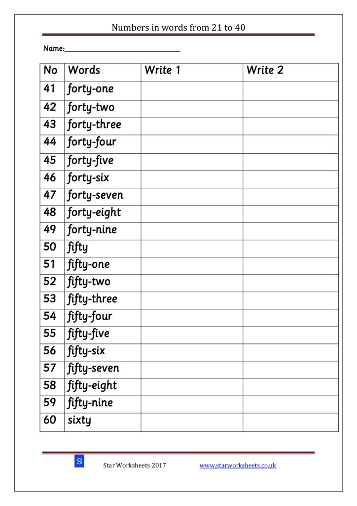 numbers-in-words-forty-one-to-sixty | Star Worksheets