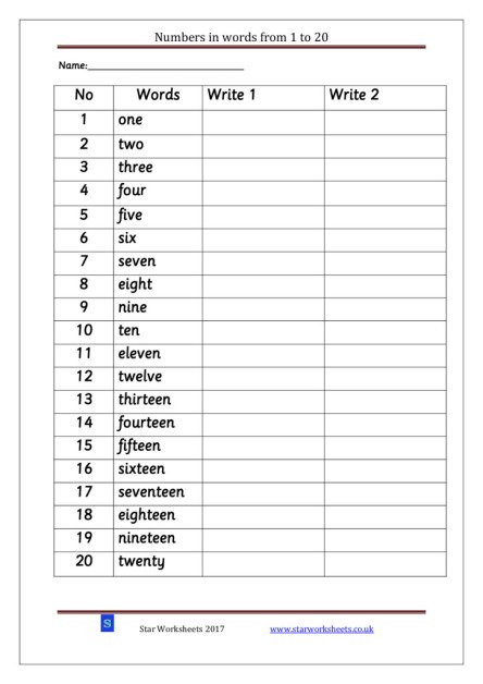 Twenty In Words numbers-in-words-one-to-twenty | Star Worksheets