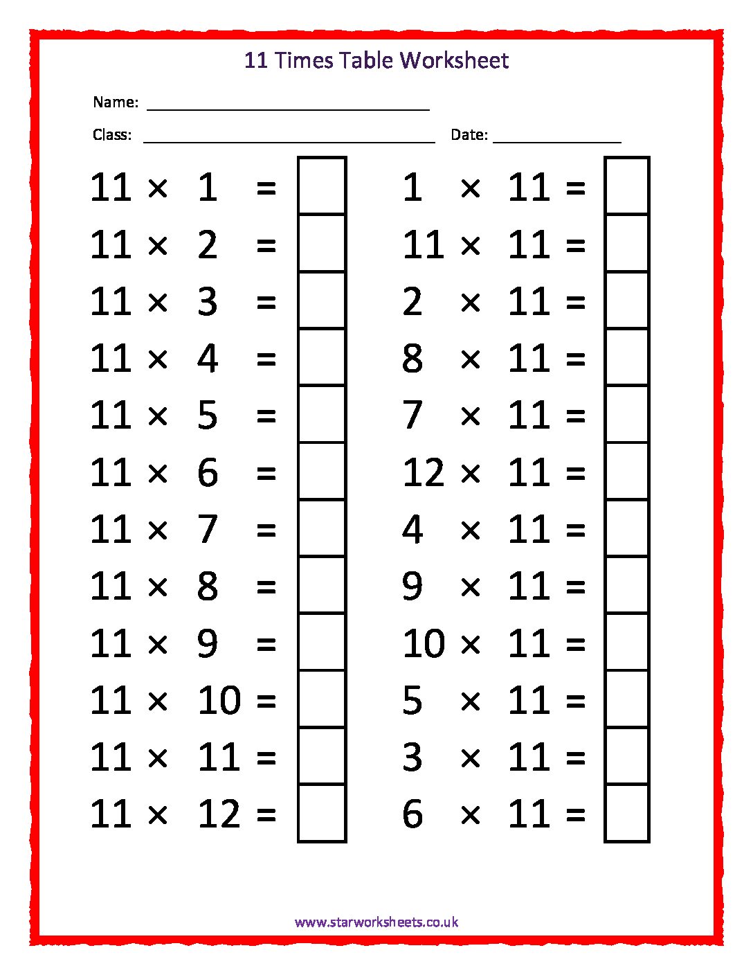 Multiplication Worksheets For 11 Times Tables