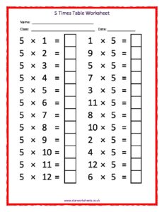 5 Times Tables Worksheet