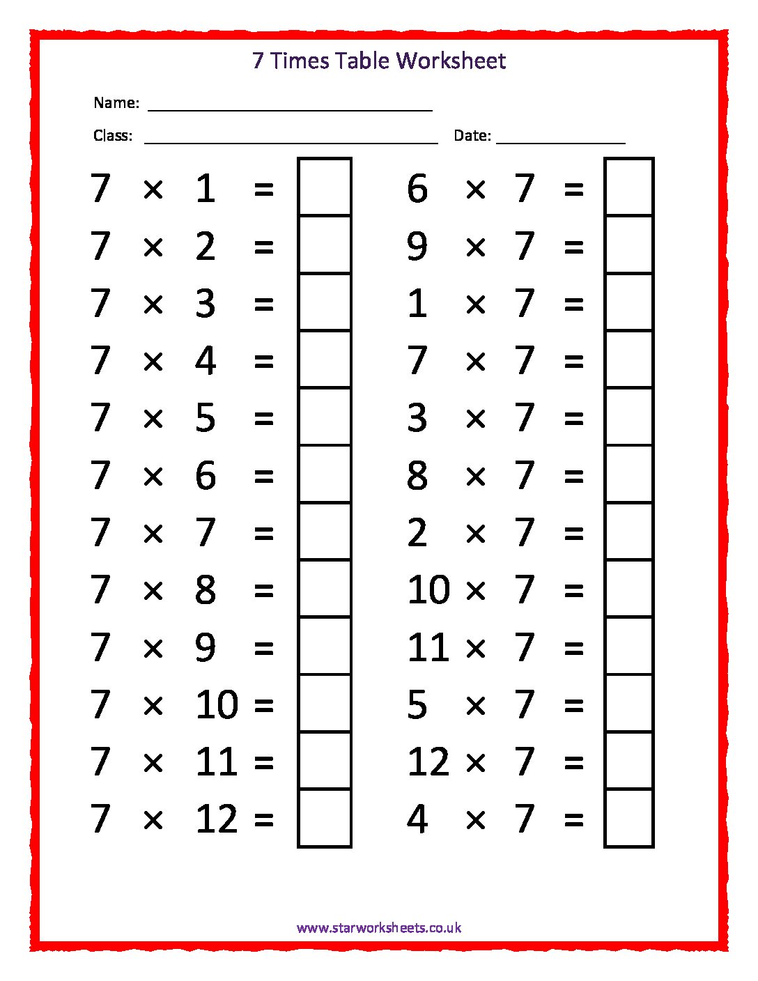 7 Times Tables Worksheet | Star Worksheets