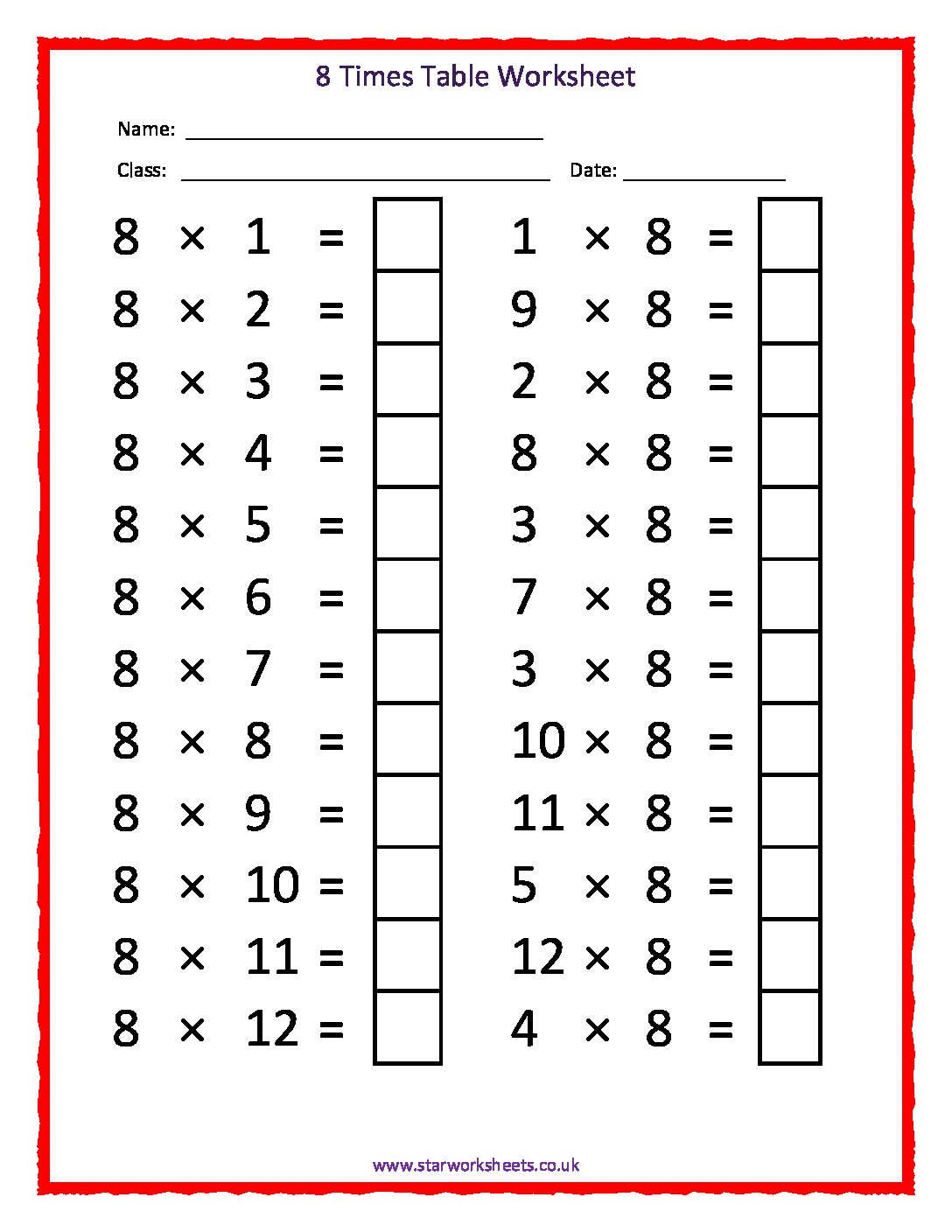 maths worksheets 8 times tables