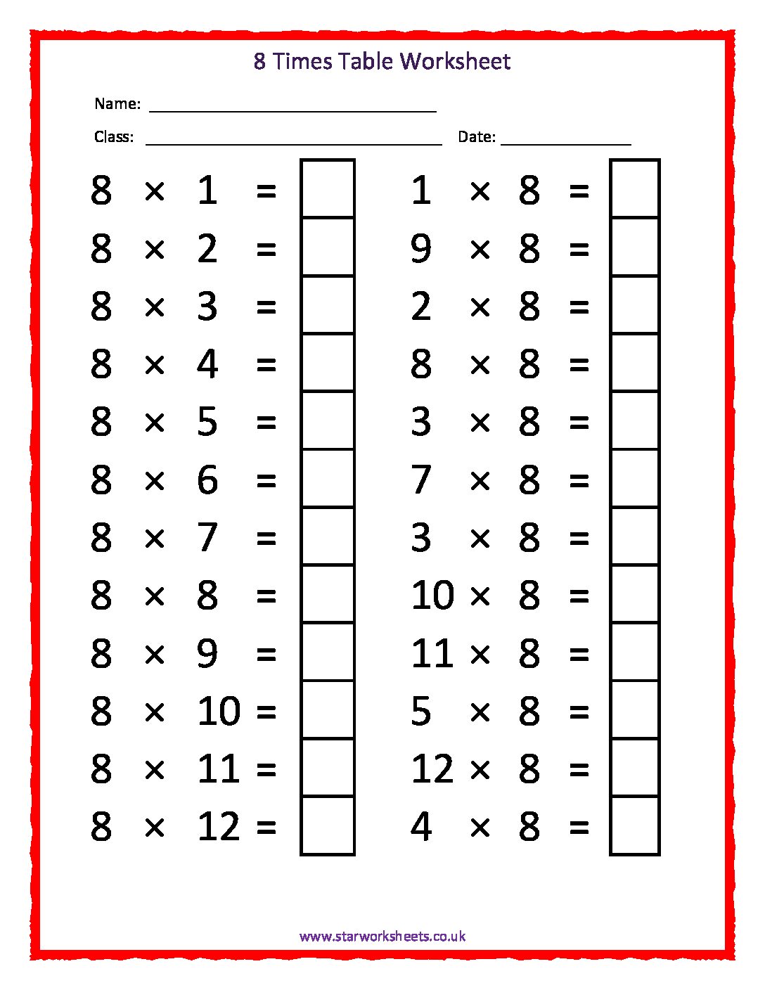 8 Times Table Practice Sheets