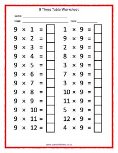 9 Times Tables Worksheet
