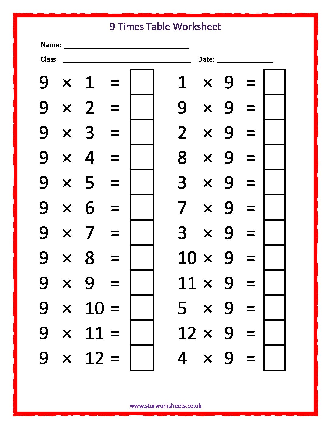 9 Times Tables Worksheet Star Worksheets