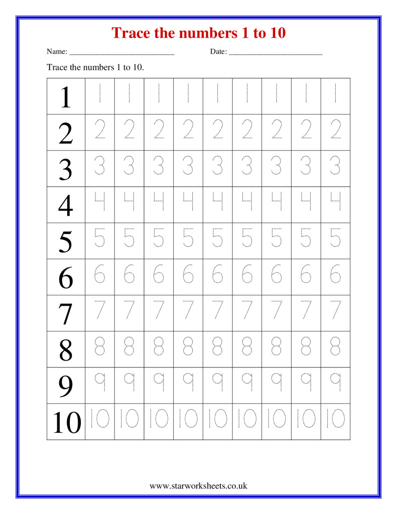 Trace the numbers 1 to 10 | Star Worksheets