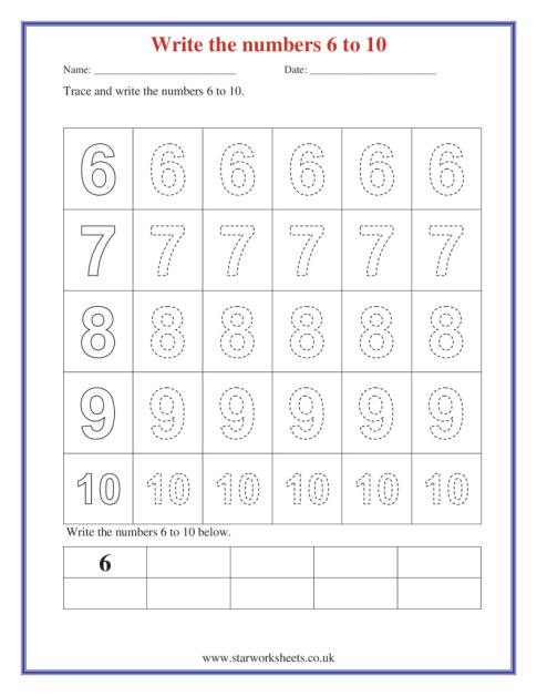 Write the numbers 6 to 10 | Star Worksheets