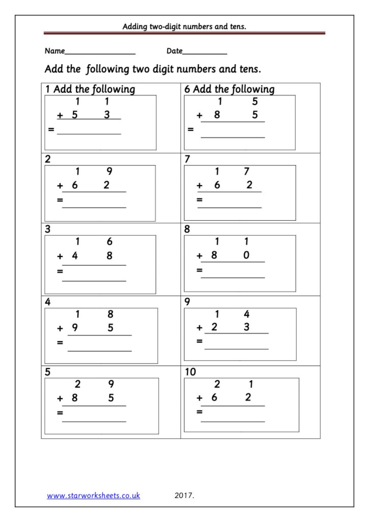 Column Addition Worksheets Year 2 Pdf Beginner Worksheet