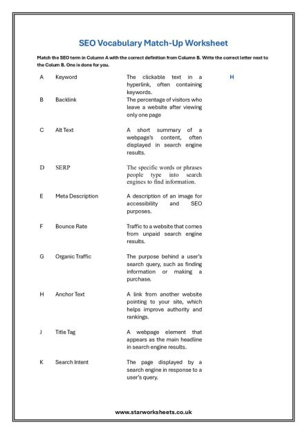 SEO Vocabulary Match-Up Worksheet | Star Worksheets