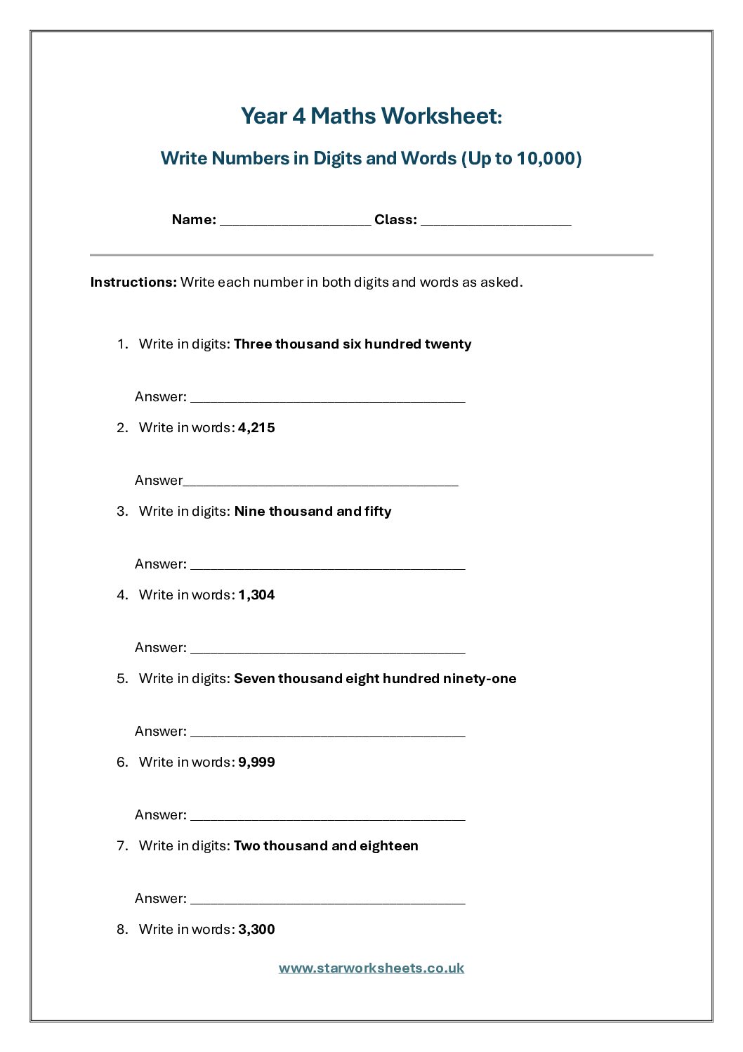 Year 4 maths Worksheets Write Numbers in Digits and Words Up to 10000 1 pdf