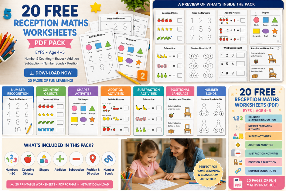 Free Reception Maths Worksheets PDF for EYFS children aged 4–5